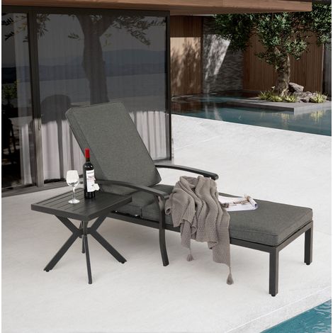 Gartenliege Aluminium dunkelbraun mit grauem Kissen, 5-fach verstellbar, wetterfest, 204 x 58 x 100/30 cm (1/5)