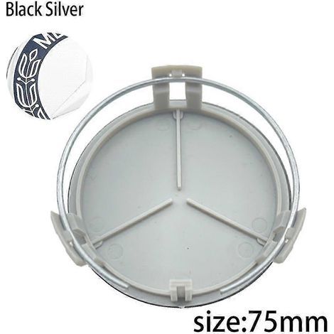 Lot de 4 enjoliveurs centraux de roue de 75 mm avec logo pour Mercedes-Benz C207, C218, A207, C117, CLA, CLS, Classe E, W212, S212, X166, W176, W205 et W246, noir et argent. (1/2)