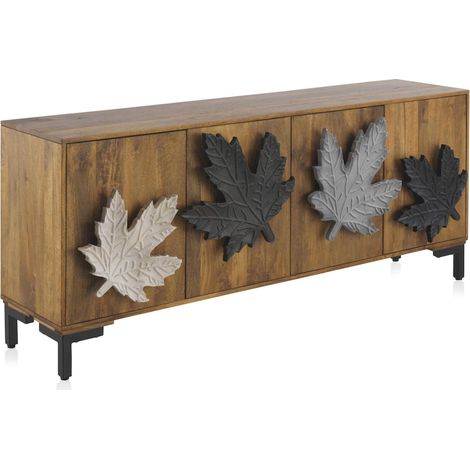 Buffet en bois de manguier naturel portes sculptées feuilles - Bois naturel et feuilles noires grises blanches (1/5)