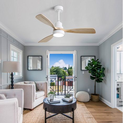 Ventilador de techo de 122 cm con luz LED, mando a distancia, reversible, temporizador, madera, natural. (1/5)