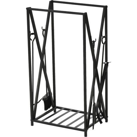 Scaffale Portalegna da Interno ed Esterno in Acciaio 4 Attrezzi, Porta Legna per Camino con Attizzatoio, Paletta, Scopino e Pinza, 46x30x76cm, Nero