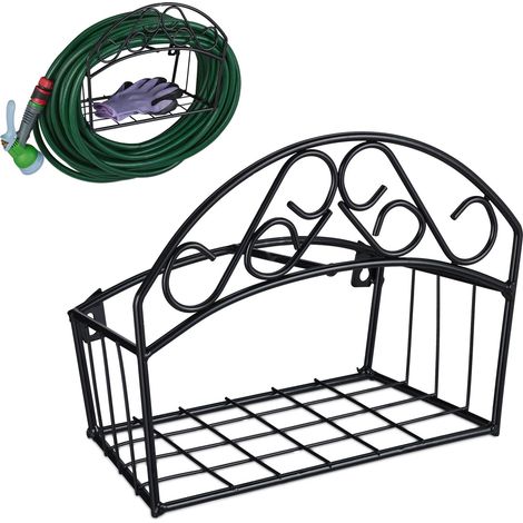 Relaxdays Soporte Mangueras, Montaje Pared, para 30 m y 5/8", Cuelgamangueras Acero, Portamanguera Metal Cuadrado, Negro
