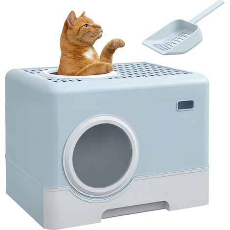 Geschlossene Katzentoilette mit Deckel, Einstieg vorne, Ausgang oben, herausziehbarer Schale und Schaufel – Blau
