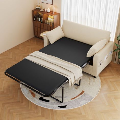 Canapé-lit 2 places rabattable avec couchage intégré, ports USB, plateau latéral pliable, matelas, 2 draps et 2 oreillers, beige, parfait pour salon ou appartement.