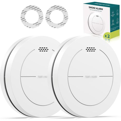 Detecteur de fumée, Batterie de 10 Ans, sans LED Clignotante, Fonction muet, avec tampons adhésifs, Son d'alarme de 85 DB, Alarme Incendie Plate, 2 Pack (1/5)
