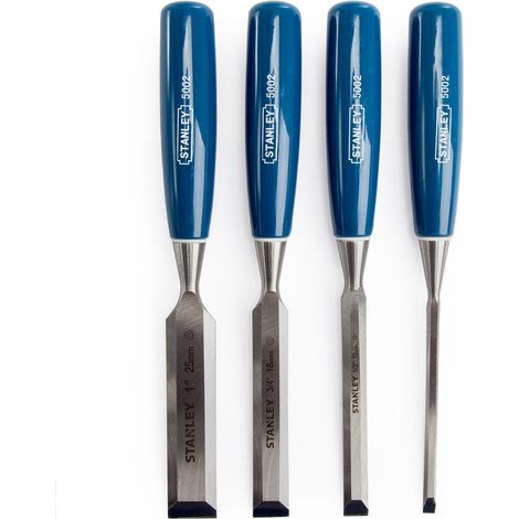 Stanley Series 5002 Set of 4 Chisels (6mm, 12mm, 18mm, 25mm) with Beveled Edges, Tempered Alloy Steel Blades, Impact-Resistant Handles – Ideal for Carpentry and DIY Projects