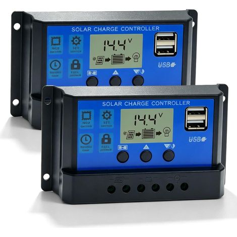 Lot de 2 régulateurs de charge solaire 30 A 12 V/24 V, double USB 5 V/2 A, contrôleur de charge solaire PWM, affichage LCD, régulateur de panneau solaire, pour batteries au plomb-acide (orange) (1/5)