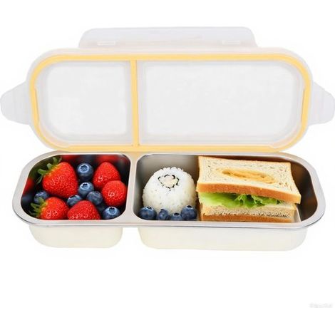 Recipiente para aperitivos, recipiente de acero inoxidable para alimentos 2 compartimentos, fiambrera reutilizable prueba fugas frutas comidas (1/5)