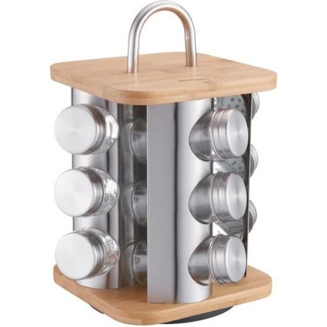 Porte-épices - 12 Récipients En Verre - Support Rotatif En Bambou Et Acier - 360° Rotation Avec Poignée - Lot De 1