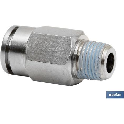 Raccord droit mâle 10 mm 3/8, métallique, pour tubes de 4 mm à 8 mm, haute étanchéité.