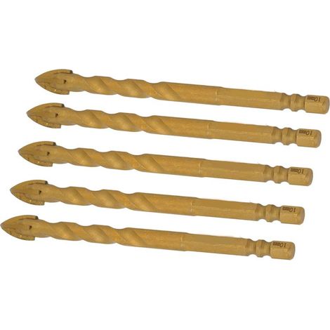 Kit de 5 forets cruciformes hexagonaux de 10 mm pour le perçage du verre, du carrelage, du béton et du cuivre. (1/5)