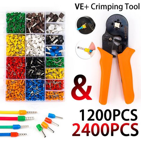 RHG Pince à Sertir avec 1200pcs Cosses Electriques (300 Bornes à Double Fil), AWG23-10 Pince a Sertir Outil de Sertissage de Ferrule Outils de Sertissage Pince à Cliquet
