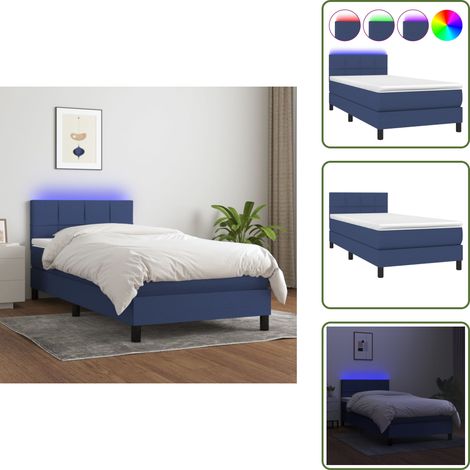 Sommier à lattes de lit avec matelas et LED Bleu 90x190cm Tissu - Sommier Tapissier - Lit Avec Led - Matelas À Ressorts Ensachés - Tête De Lit Ajustable - Éclairage LED (1/5)