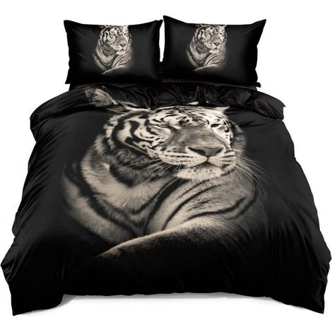 Bettwäsche Set 200x220 cm mit Tiger Motiv, Mikrofaser, 3D-Druck, 2 Kissenbezüge 80x80 cm