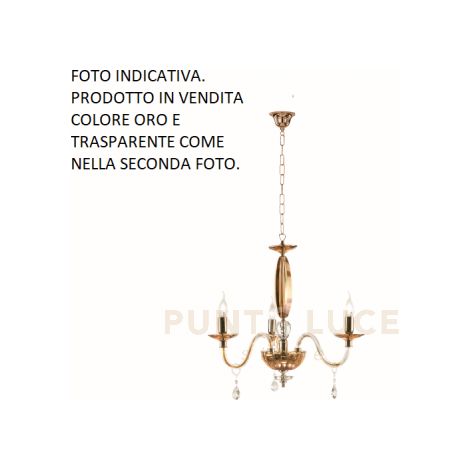 LAMPADARIO CECILIA 3 LUCI VETRO E CRISTALLO ORO E TRASPARENTE ATTACCO E14 D.73CM