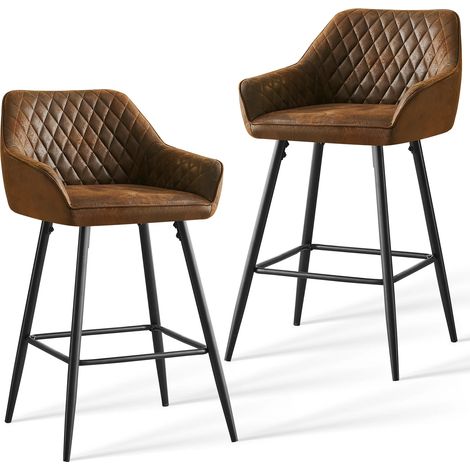 Jymtom – Lot de 2 tabourets de bar – Tissu en cuir artificiel marron – Pieds en métal noir – Hauteur fixe – Confort ergonomique (1/5)