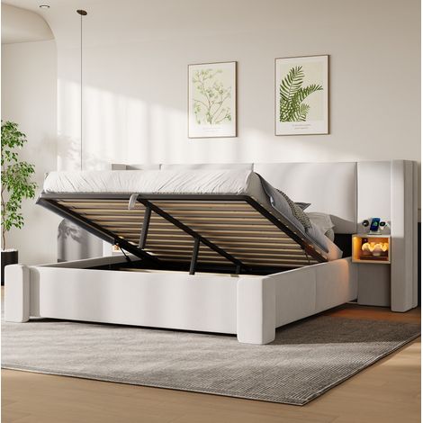 Cama canapé 140x200 cm de lino beige MDF con LED y almacenaje hidráulico - CHICFURN (1/5)