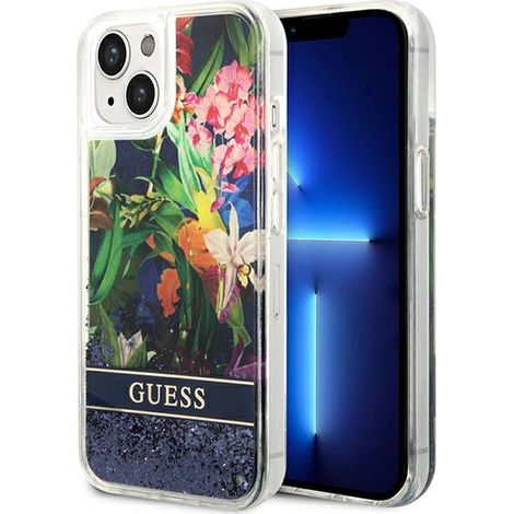 Funda rígida Guess GUHCP14MLFLSB para iPhone 14 Plus / 15 Plus de 6,7 pulgadas, color azul/azul, con diseño de flores y purpurina líquida. (1/5)