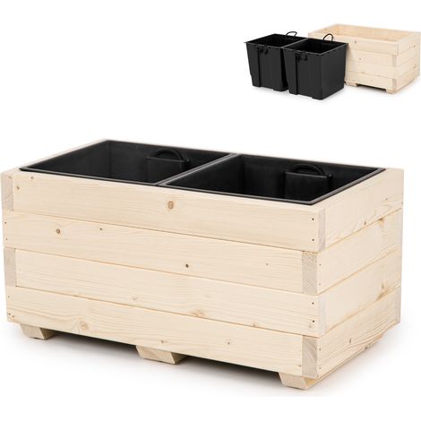 Blumentopf aus Holz mit zwei herausnehmbaren Einsätzen, Pflanzkasten für Balkon, Garten oder Terrasse, 62 x 33 x 32 cm – Naturholz (1/5)