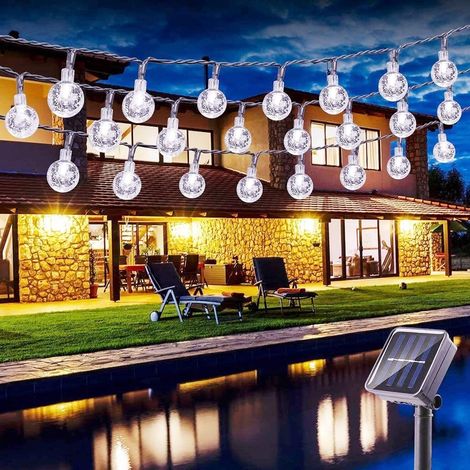 MINKUROW Solar-Lichterkette, 6,5 m, 30 LED, Kristallkugel-Lichterkette, 8 Modi, wasserdichte Solar-Lichterkette mit Speicher für Garten, Hof, Party, Hochzeit, Balkon, Weihnachten, kaltweiß (1/5)