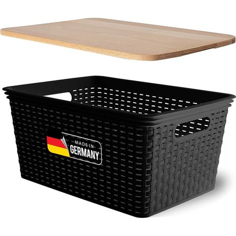 Boîte de rangement avec couvercle en bois, grand panier de 14 L, noir en rotin, panier de rangement alimentaire, boîte empilable, plastique