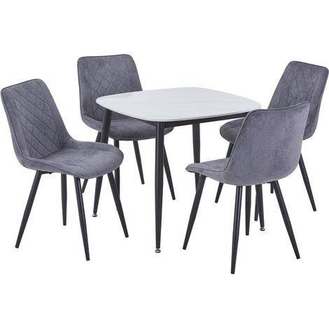 Aspen Gloss White Sintered Stone Square Table & 4 Grey Fabric Chair Set - Metal - L54 x W53.5 x H85.5 cm