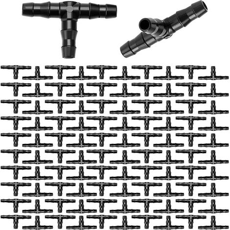 100 Pièces 4/7 mm Plastique Tee Raccord de Tuyau, T Connecteur Barbelé pour Tuyau d'arrosage de Jardin, Tee-Joint pour Irrigation Goutte a Goutte, pour Systèmes d'Arrosage Jardin, Pelouse (1/5)