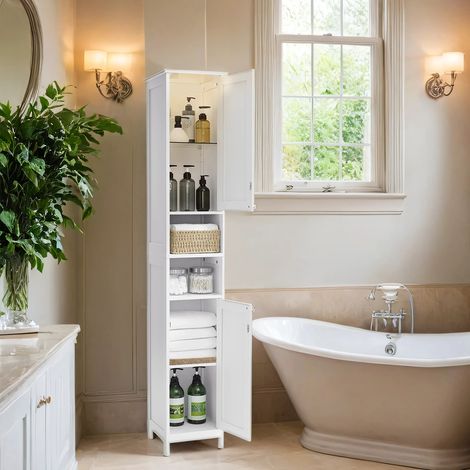 Armoire de Salle de Bain Haute avec Éclairage, avec Étagères Réglables, Compartiments Ouverts, pour les Petits Espaces, Moderne, Blanc