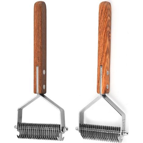 Set per la toelettatura di cani e gatti con manico in legno, pettine a denti aperti + forbici in acciaio inox, rimuove peli morti e nodi, 2 pezzi (1/2)
