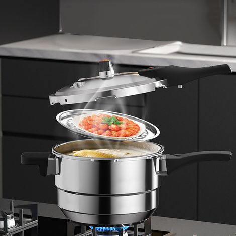 Pentola a pressione in acciaio inox con cestello per la cottura a vapore - Pentola a pressione compatibile con piani cottura a gas/induzione - 5 litri, diametro 22 cm - Sistema di sicurezza intelligen (1/4)