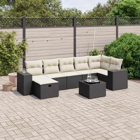 Ensemble Salon Jardin 8 Places Noir Résine Tressée avec Table Verre Trempé et Coussins Crème (1/4)