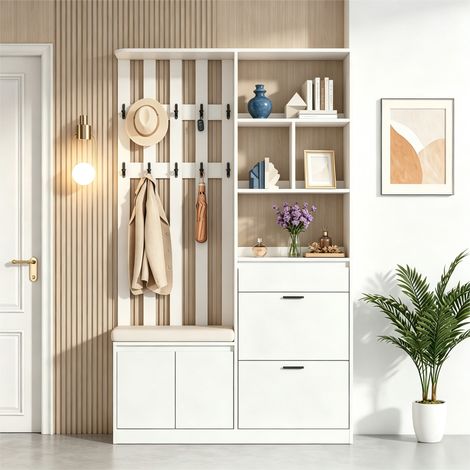 Vitrine d’entrée 120 x 30 x 200 cm avec banquette rembourrée, 2 abattants à chaussures, 1 tiroir, 2 portes, 10 patères, MDF, Blanc (1/5)