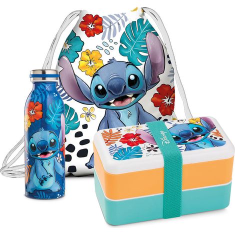 Disney Stitch, Lunch box cm 18×10 + sacca + bottiglia blu (1/4)