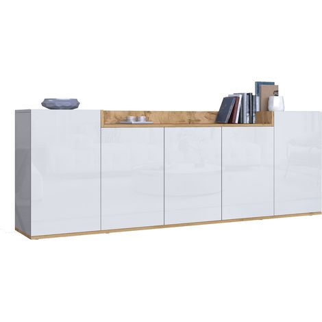 Credenza Cordele, Madia 7 Ripiani, Apertura Battente Made in Italy, 5 Ante, 200x35x70h cm Bianco Lucido