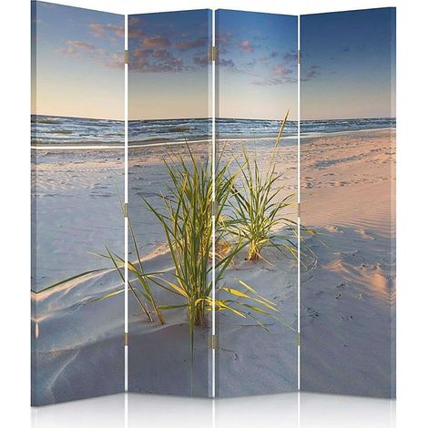 Paravent Plage Sable Fin et Herbe Verte 4 Panneaux - 145 x 180 cm - 1 face déco, 1 face noir