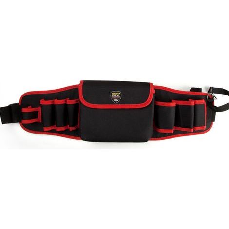 Heavy-duty tool holder with adjustable belt, multiple pockets, and multimeter holder (red and black). (1/4)