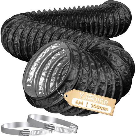 Tuyau d'évacuation d'air flexible 100 mm de diamètre - 6 m de long - Avec 2 colliers de serrage - Tuyau d'échappement en PVC - Tuyau en aluminium pour hottes aspirantes, sèche-linge (1/5)