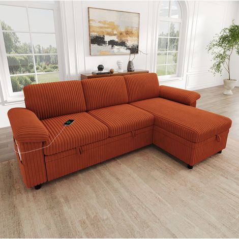 Canapé d'angle convertible en velours côtelé orange avec méridienne réversible, coffre de rangement, ports USB/USB-C et dossier réglable – CHICFURN (1/5)