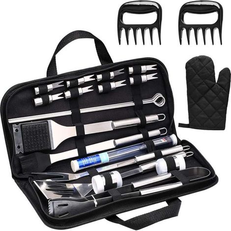 Kit Ustensiles BBQ – Acier Inox – Sac Tissu – Pince/Fourchette/Spatule/Brosse – Résistant Chaleur – Portable