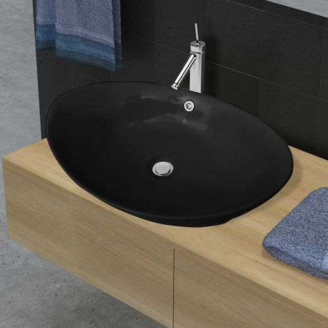 Lavabo ovale - Vasque à poser Lavabo à poser en céramique noir avec trop plein 59 x 38,5 cm BV170044 - BonneVie (1/5)