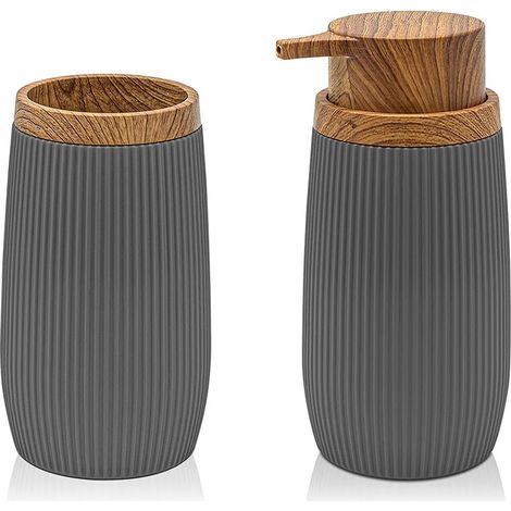 Set 2 pezzi Dispenser sapone e Porta spazzolino Grigio dettagli effetto legno Blob (1/5)