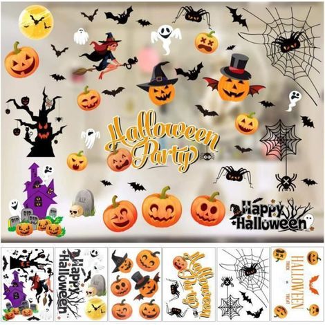 Deco Halloween 43 pcs Halloween Fenêtre Autocollants Happy Halloween Citrouille Chat Chauve-Souris et Fan DECORATION DE FETE MURALE (1/2)