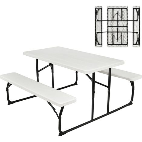 COSTWAY Klappbarer Picknicktisch mit Bänken, 136 cm Campingtisch-Set für draußen, Bierzeltgarnitur Biertischgarnitur für Terrasse, Garten Weiß (1/5)