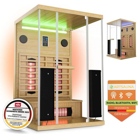 Artsauna Infrarotkabine Göteborg 120 – Natur, Wärmekabine mit Vollspektrumstrahlern, Hemlockholz & Sicherheitsglas, LED-Beleuchtung