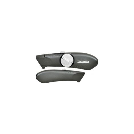 Coltello in alluminio con serraggio a pulsante, lama a trapezio con due incavi
