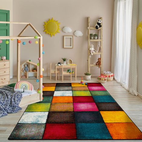 Paco Home Teppich Wohnzimmer Jugendzimmer Kurzflor 3D Retro Modern Grau Gelb Rot Grün 80x150 cm