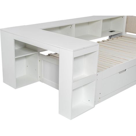 Meuble tout en un en L lit bureau rangement sommier lattes tête de lit rembourrée tiroirs étagères bois massif MDF petit appartement chambre télétravail (1/5)