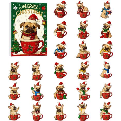 Calendrier de l'Avent Bouledogue français 2026 - 24 décorations suspendues en acrylique 2D représentant d'adorables chiens dans des tasses de Noël - ornements décoratifs pour sapin de Noël (1/5)
