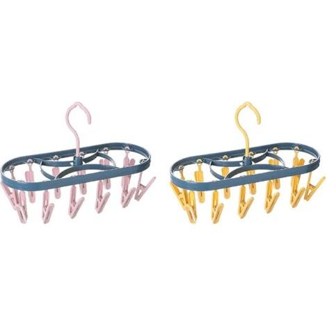 Lot de 2 cintres de séchage en plastique avec 12 pinces, portables pour sous-vêtements, chaussettes, soutien-gorge, culottes, gants, intérieur et extérieur (1/5)