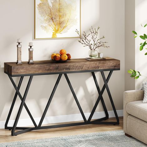 Tribesigns Table Console de 140cm, Table d'entrée en Bois avec Base en métal Unique, Table Basse, Table de Foyer, Table d'accentuation Industrielle pour Couloir, Salon, entrée (Marron) (1/4)